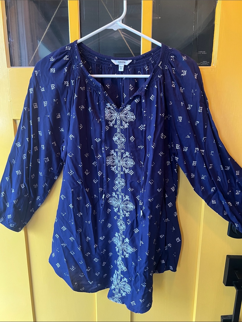Embroidered Navy Peasant Top - Women